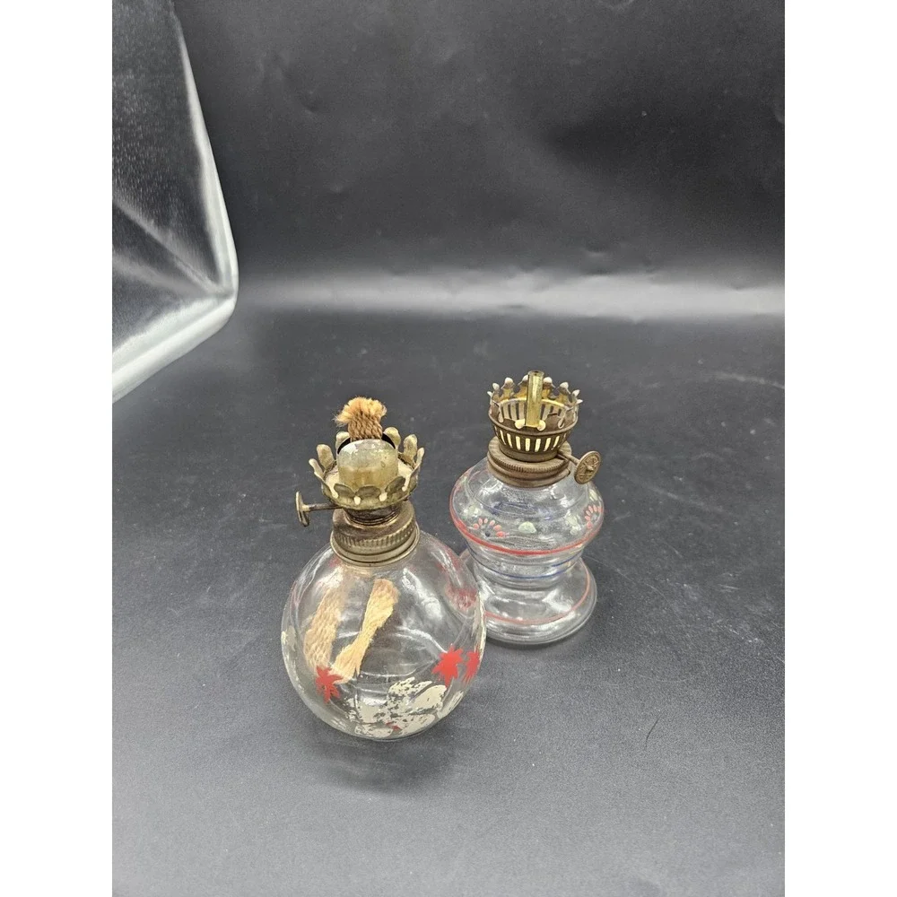 Lot Of 2 Clear W/ Red Design Small Oil Lamp Bases No Chimneys